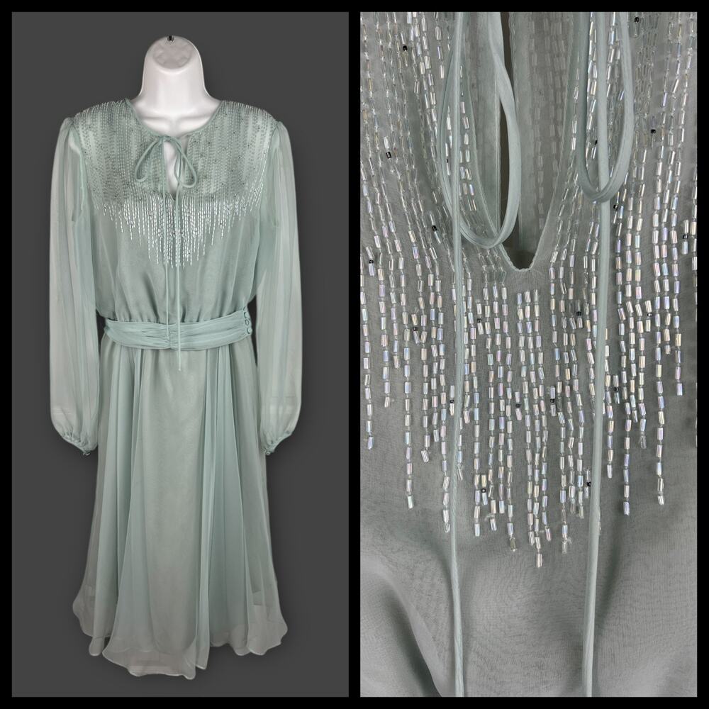 Vintage 70s Chiffon Beaded Maxi Dress Size 4 Gray Green Ethereal